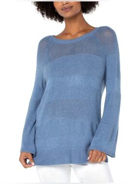 NWT Liverpool LA Open Knit Tunic Bell Sleeve Crew Neck Sweater S Cornflower Blue